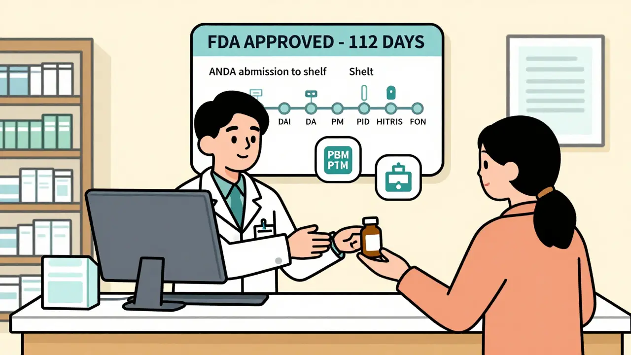 Pharmacist handing a generic pill bottle to a customer, with timeline chart showing journey from approval to shelf.