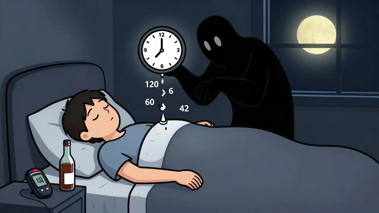 Sleeping person with falling blood sugar numbers and alarm from glucose monitor at night.
