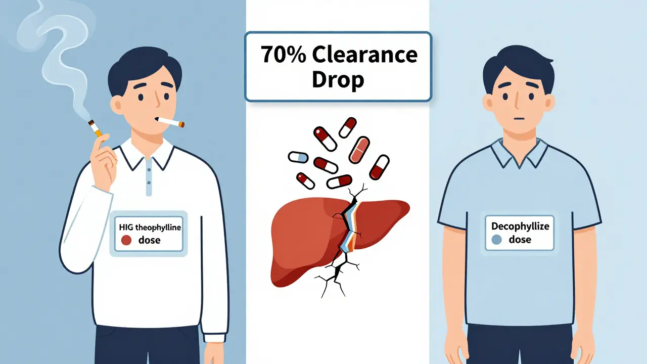Split image of a smoker before and after quitting, showing dramatic drop in theophylline clearance, liver cracking under drug interactions.