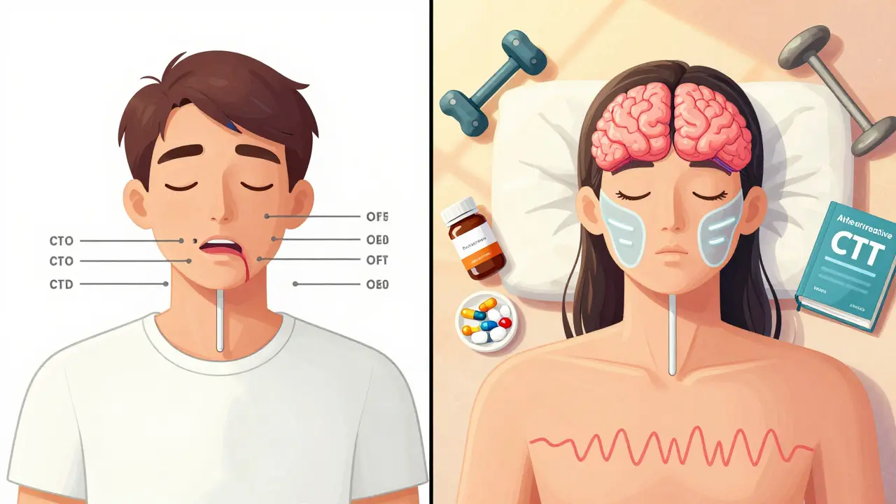 Split image: opioid user with disrupted breathing vs. same person healthy with active sleep and alternative pain therapies.