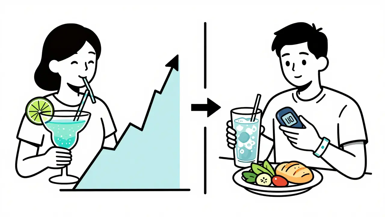 Split image: risky sugary cocktail vs. safe drink with meal and medical ID bracelet.