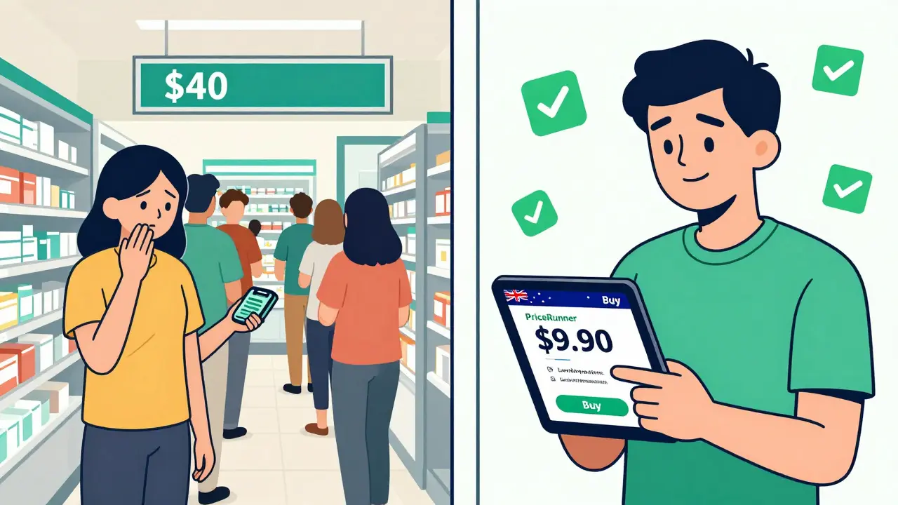 Split scene: frustrated customer at local pharmacy vs. happy person buying cheap meds online via PriceRunner.