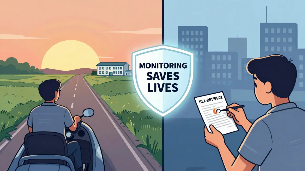 Split scene: rural patient traveling to clinic and urban patient receiving genetic test, both under monitoring shield.
