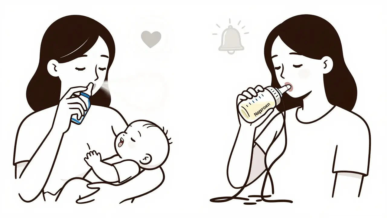 Split scene showing safe nasal spray use versus risky pill intake during breastfeeding.