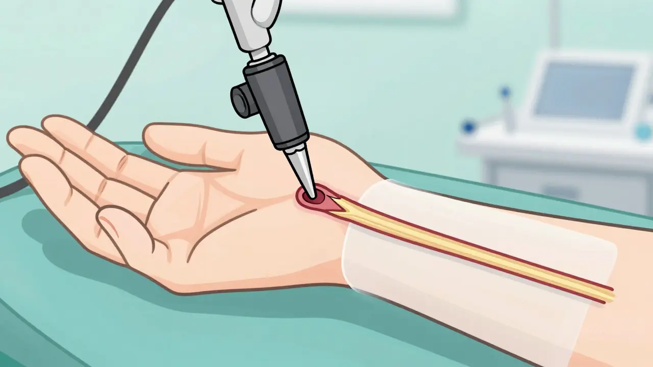 Surgeon performing minimally invasive carpal tunnel release with endoscopic tools.