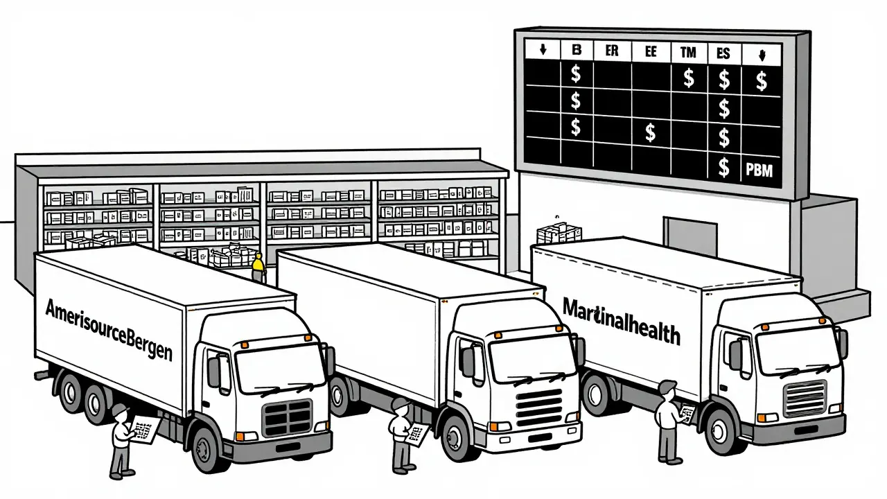 Three distribution trucks delivering generic drugs to pharmacies, with PBM tier scoreboard in background.
