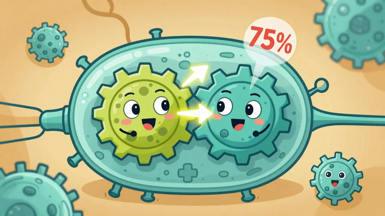 Two antibiotics working together as interlocking gears inside a bacterial cell.