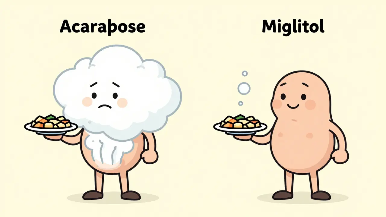 Two characters comparing gas effects of acarbose vs miglitol with cartoonish bubbles and calm expressions.