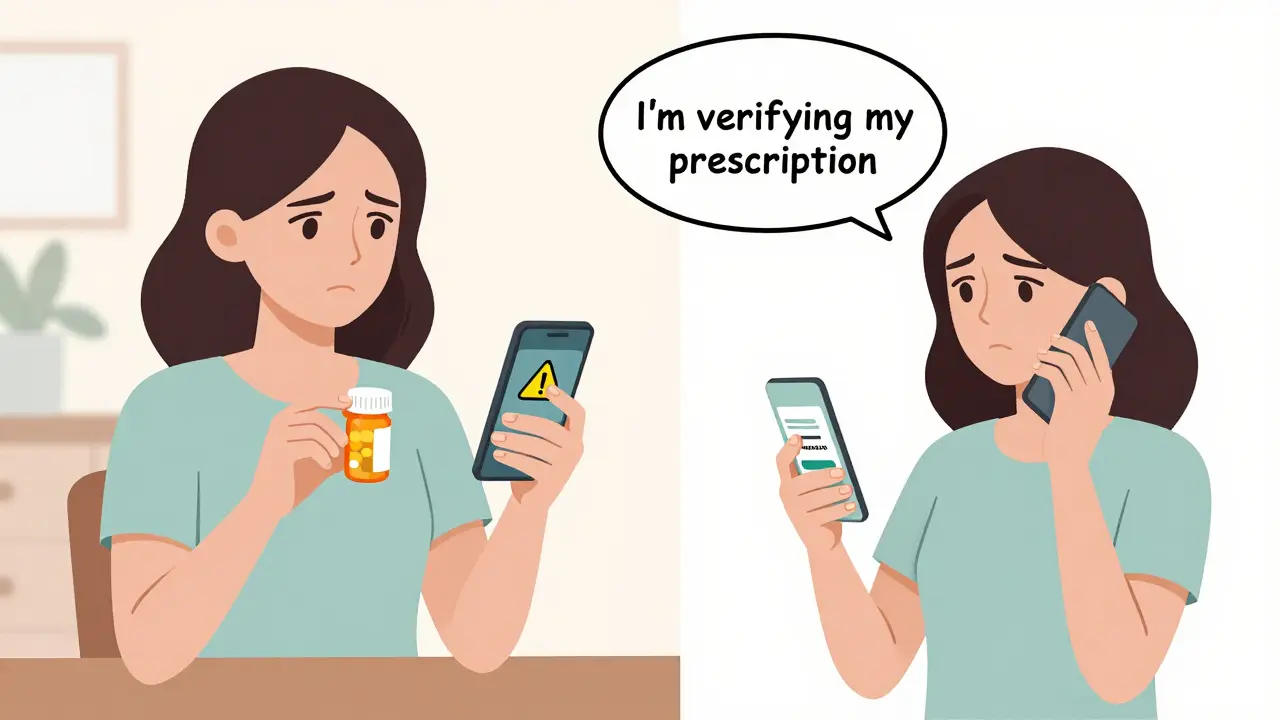 Woman comparing her pill bottle to a phone app, then calling the pharmacy to confirm her prescription.