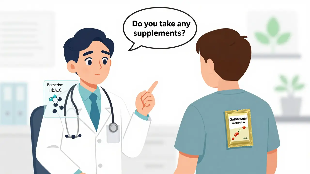 A doctor asks about supplements while a patient hides goldenseal, with visual overlays showing conflicting effects on blood sugar.