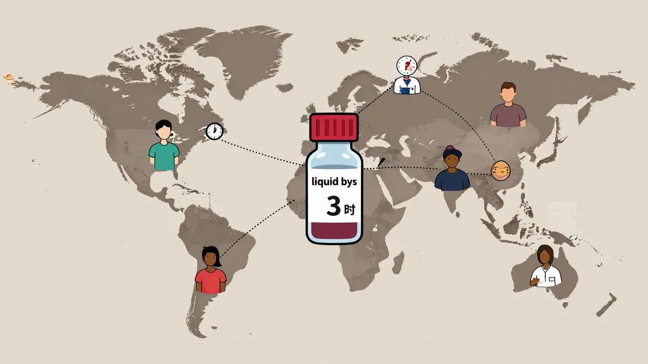 A global map showing patients connected to a central lab via blood samples, with timing indicators for test speed.
