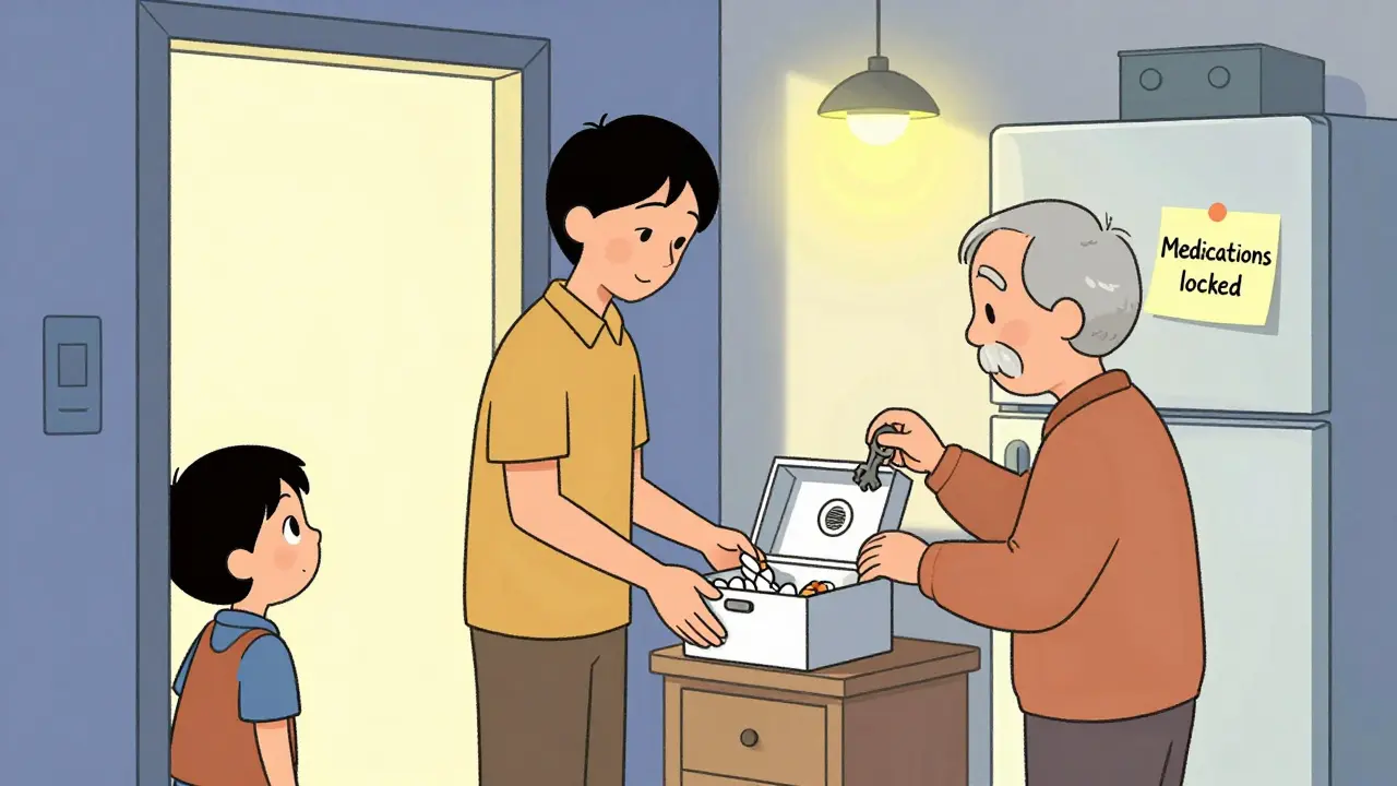 A parent and elderly grandparent safely storing and accessing medications using a smart lockbox at waist height.