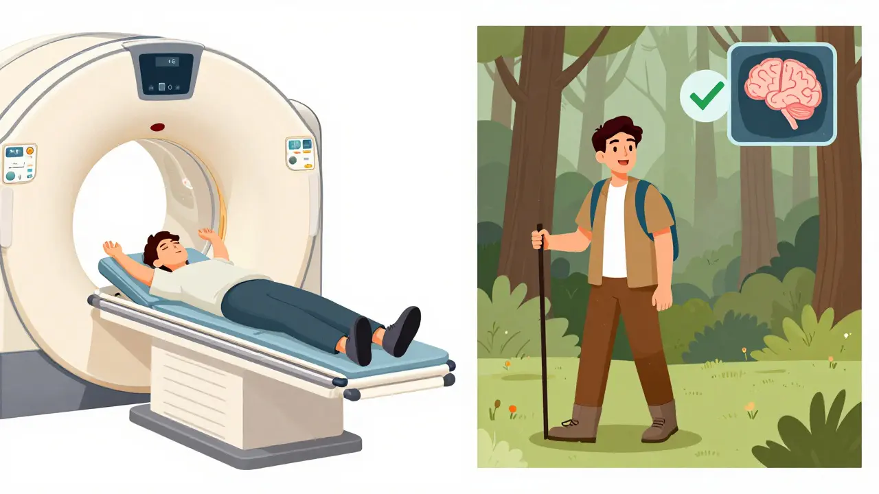 A person undergoing a low-dose CT scan with a glowing early tumor visible on their lung, contrasted with them hiking happily later.