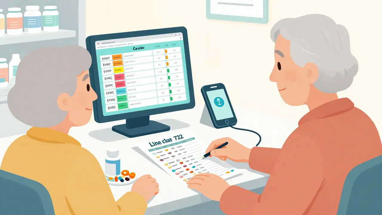 A pharmacist reviews multiple medications with an elderly patient at a community pharmacy, with a digital drug interaction display in the background.