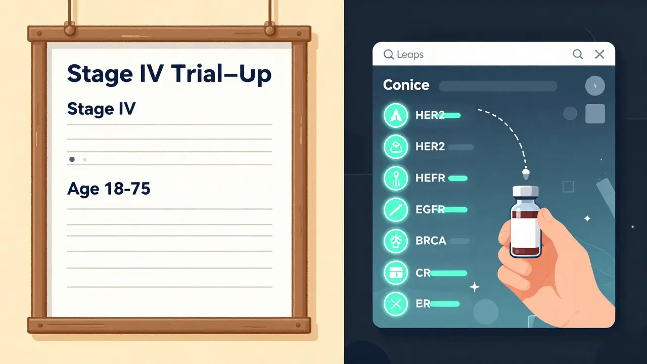 A split scene comparing old broad clinical trial criteria with modern biomarker-based patient selection.