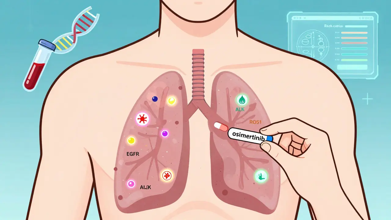 A transparent human torso showing colorful genetic mutation markers in the lung, with a targeted therapy pill nearby.