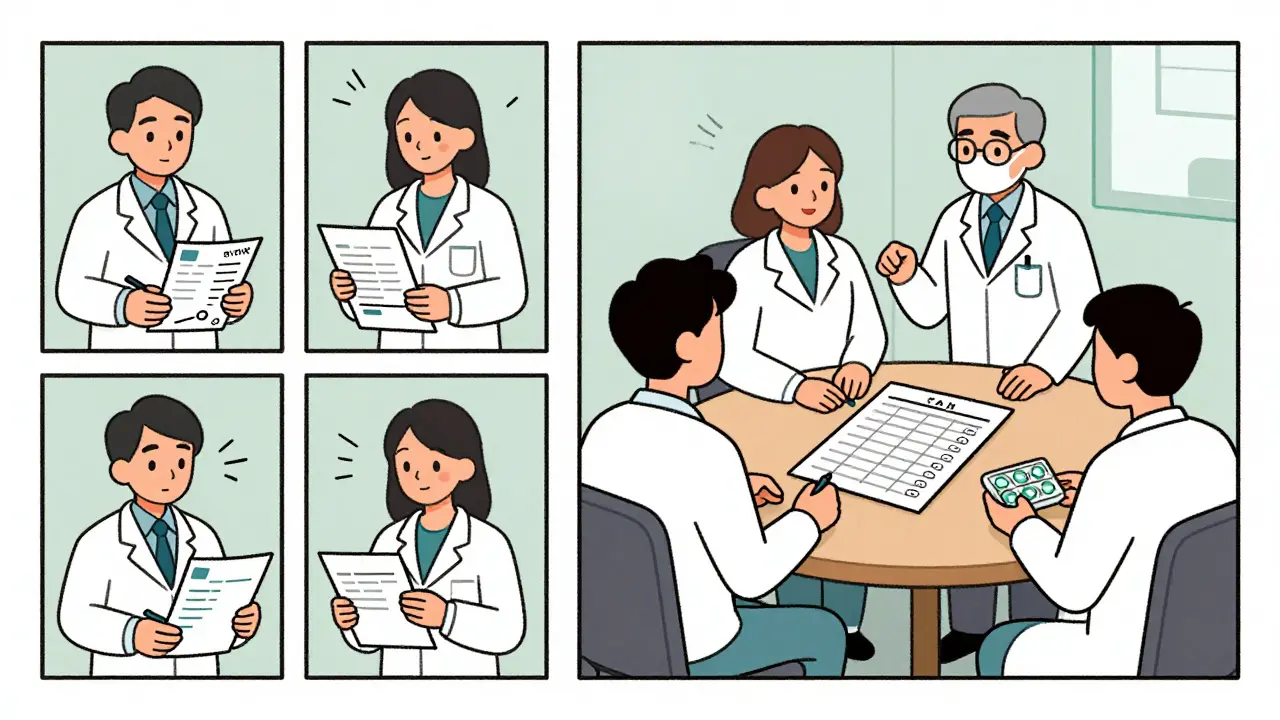 Before-and-after scene: chaotic individual prescriptions vs. a unified team using a clear medication chart to simplify care.