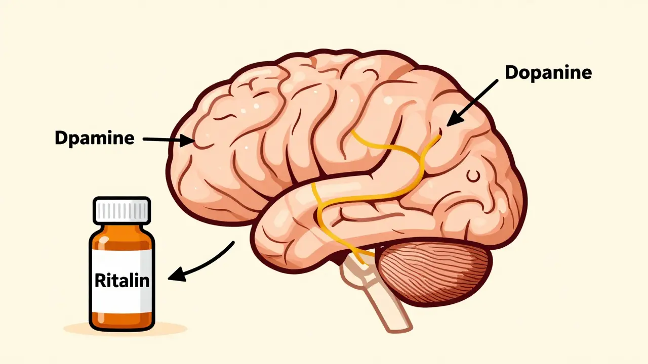 Brain with dopamine and norepinephrine pathways enhanced by stimulant medication.