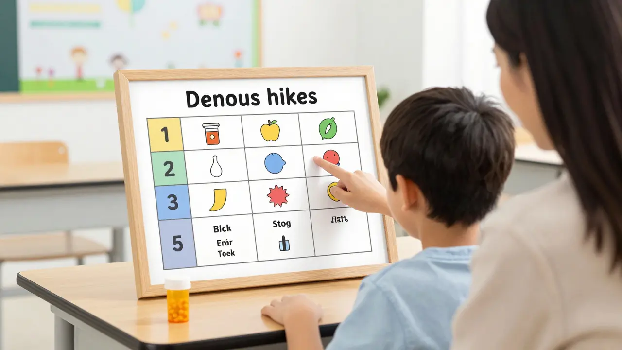Child using visual schedule with teacher assistance in classroom.