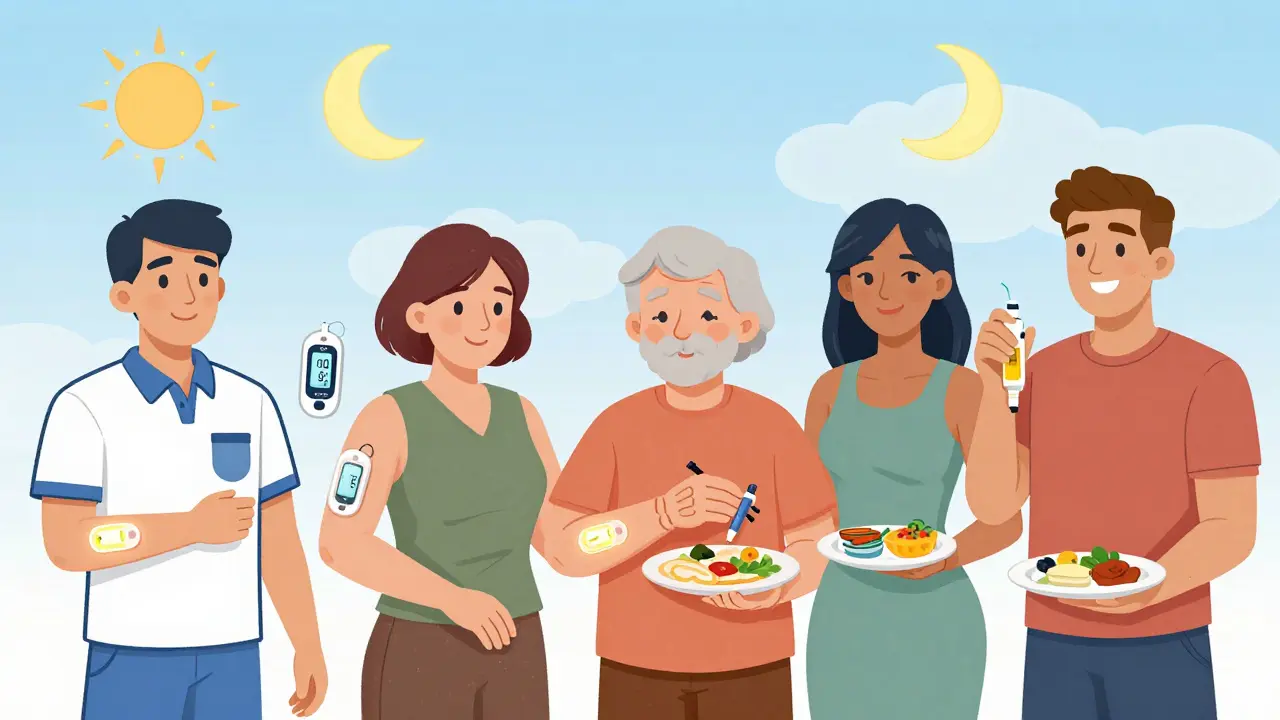 Diverse individuals using insulin regimens in daily life, showing basal-bolus flexibility and premixed simplicity.