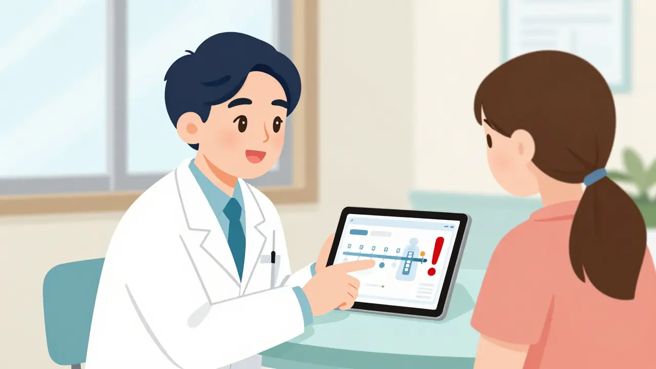 Doctor and patient reviewing medication safety on health record dashboard