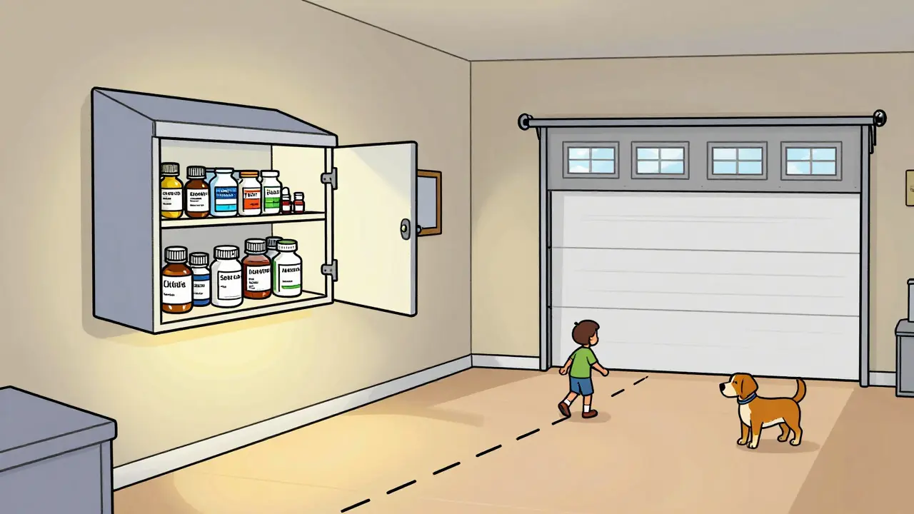 Human and pet medications stored separately in locked boxes in different rooms, with a safety distance marked on the floor.