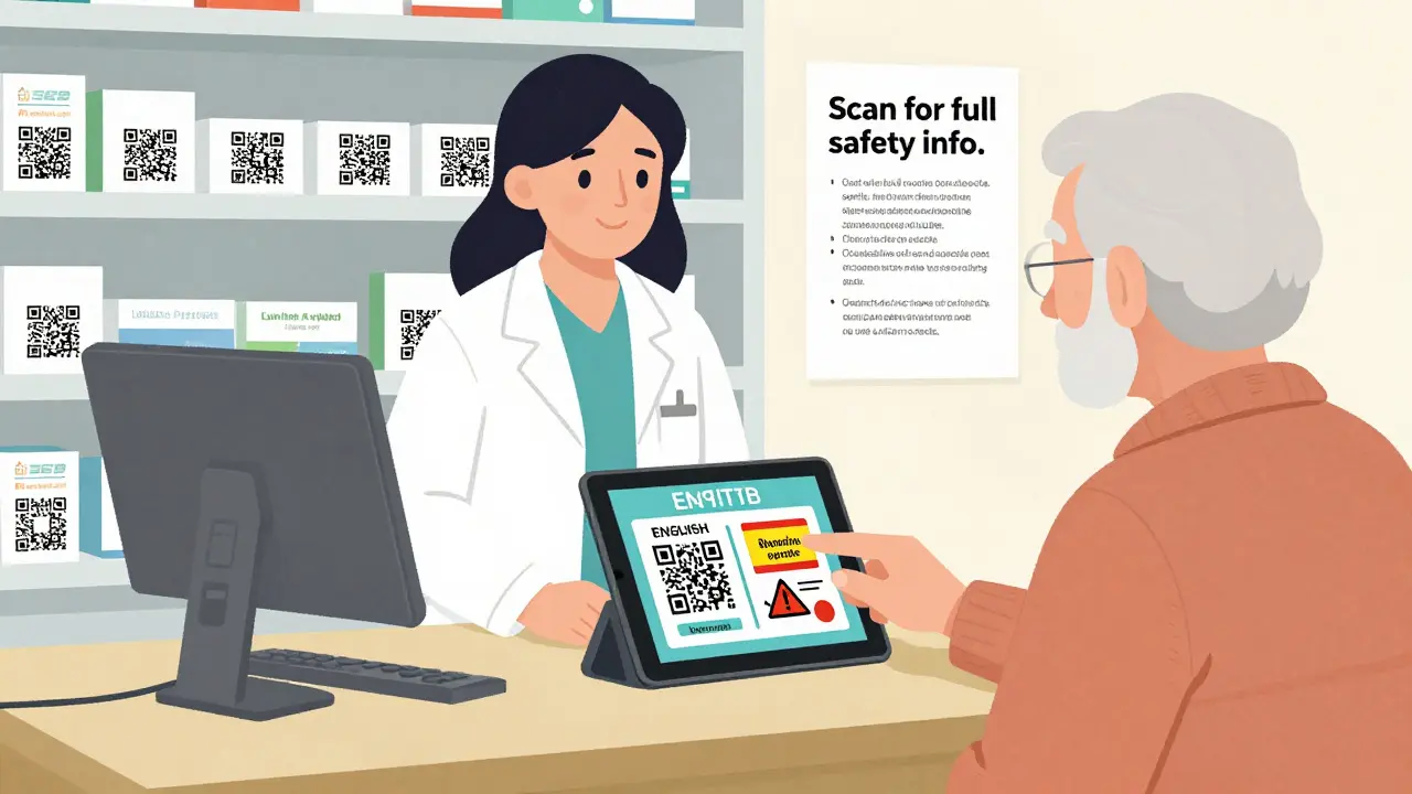 Pharmacist showing an elderly patient how to use a QR scanning station at the pharmacy counter with multilingual safety info on screen.