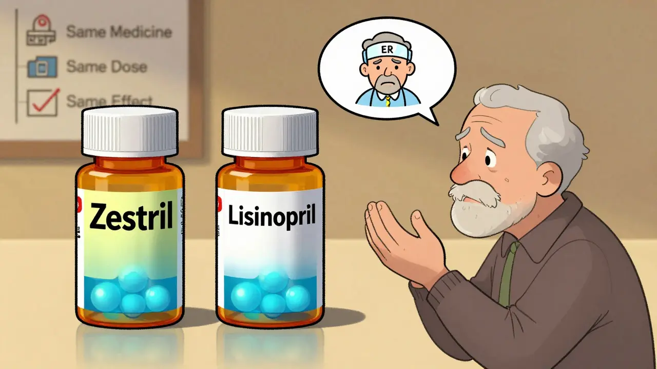 Side-by-side brand and generic pill bottles with identical internal contents revealed visually.