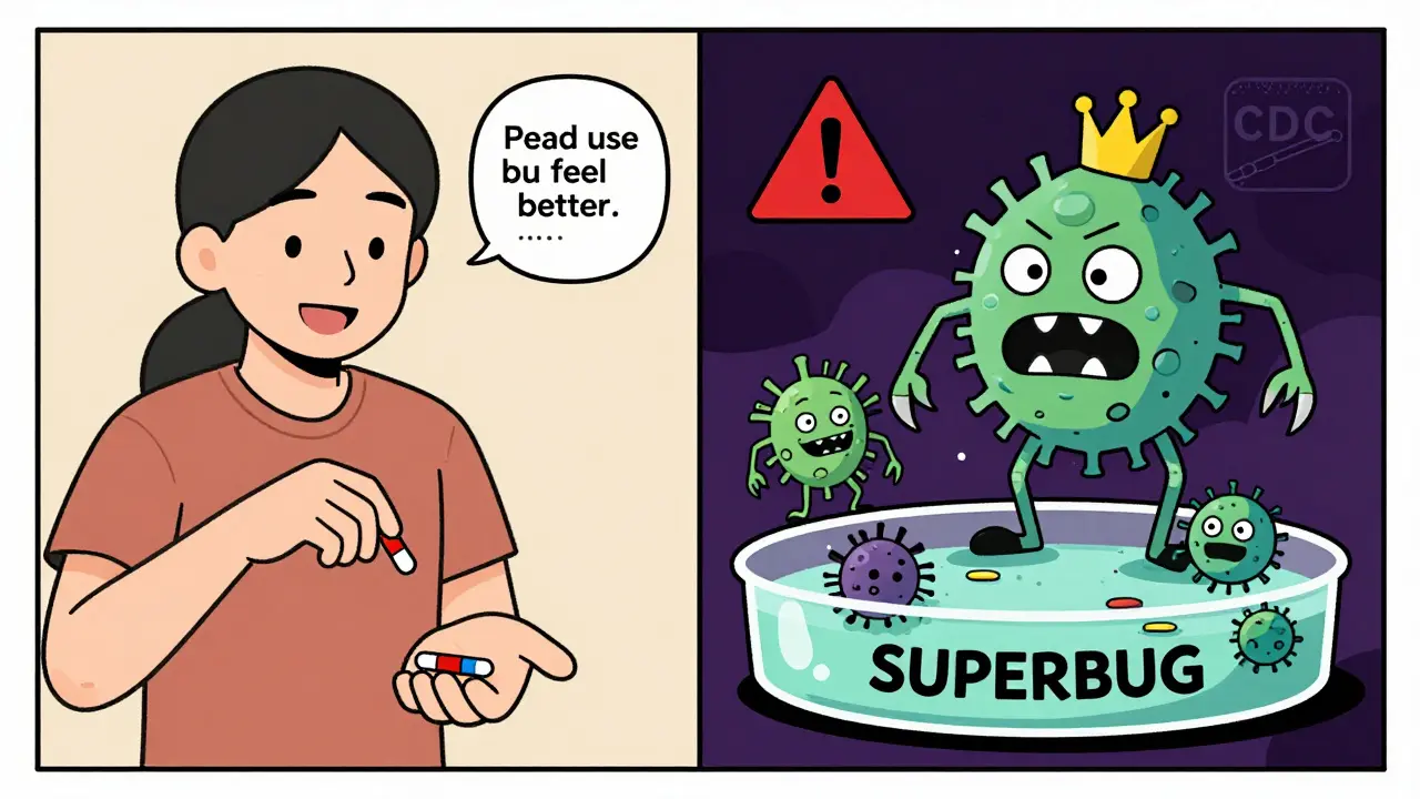 Split scene: person throwing away antibiotics vs. menacing superbug bacteria.