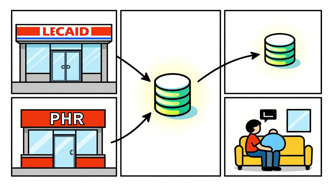 Three pharmacies sending data to central health record system