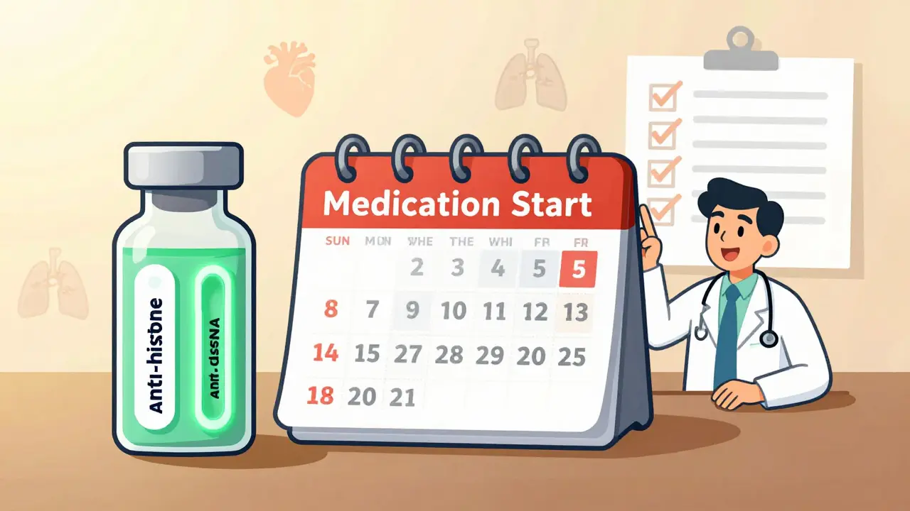 A blood test vial with glowing antibodies and a timeline showing symptom resolution within 12 weeks.