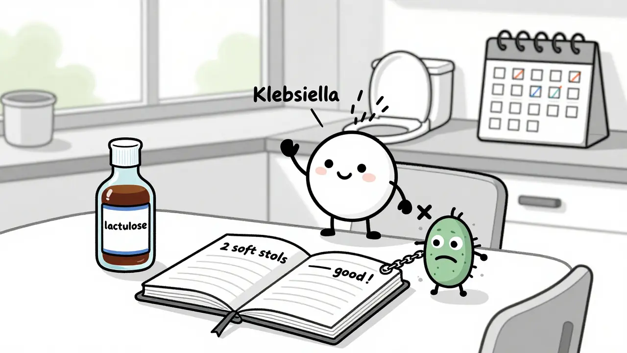 A patient taking lactulose with a happy gut microbiome flushing away ammonium ions.