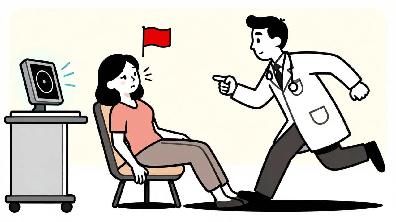 A woman showing stroke symptoms—facial droop and arm weakness—with a doctor rushing in and double vision lines.