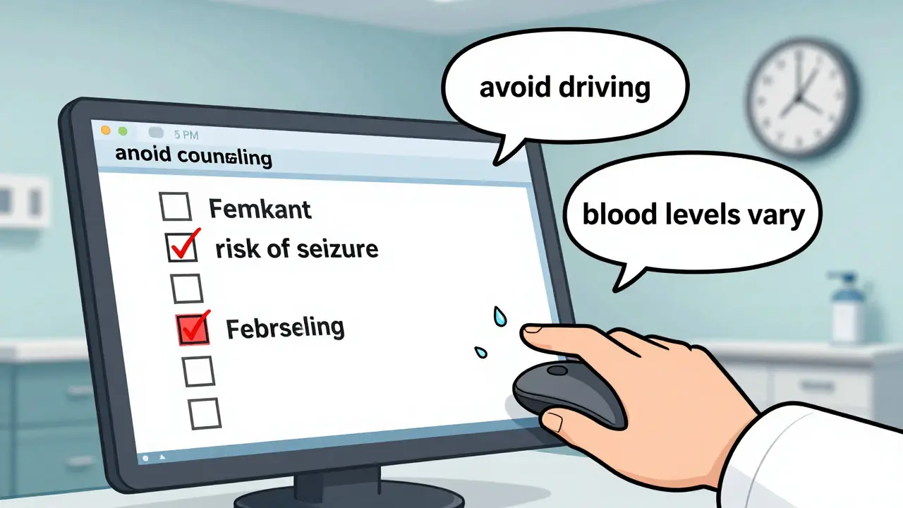 Doctor hesitates over EHR screen with unchecked warning box, floating safety notes above.