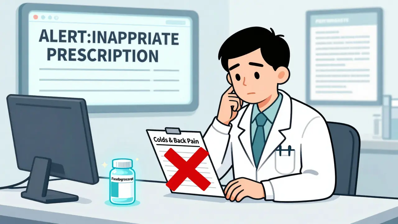 Doctor reconsidering steroid prescription for inappropriate conditions, with a safer alternative highlighted.