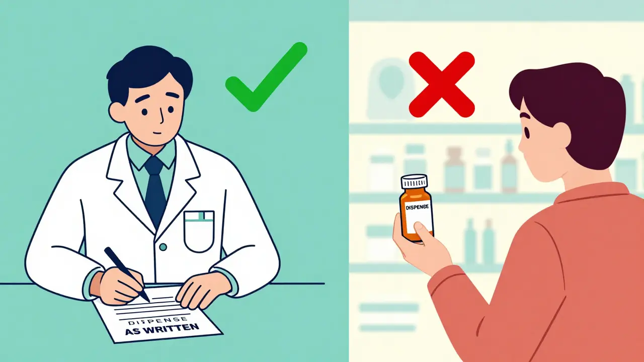 Doctor writes 'dispense as written' on prescription while pharmacist hands patient a different generic bottle.