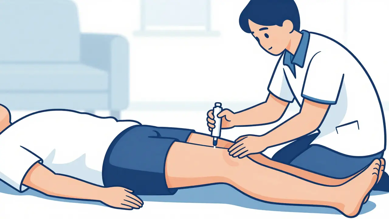 Emergency responder administering epinephrine injection