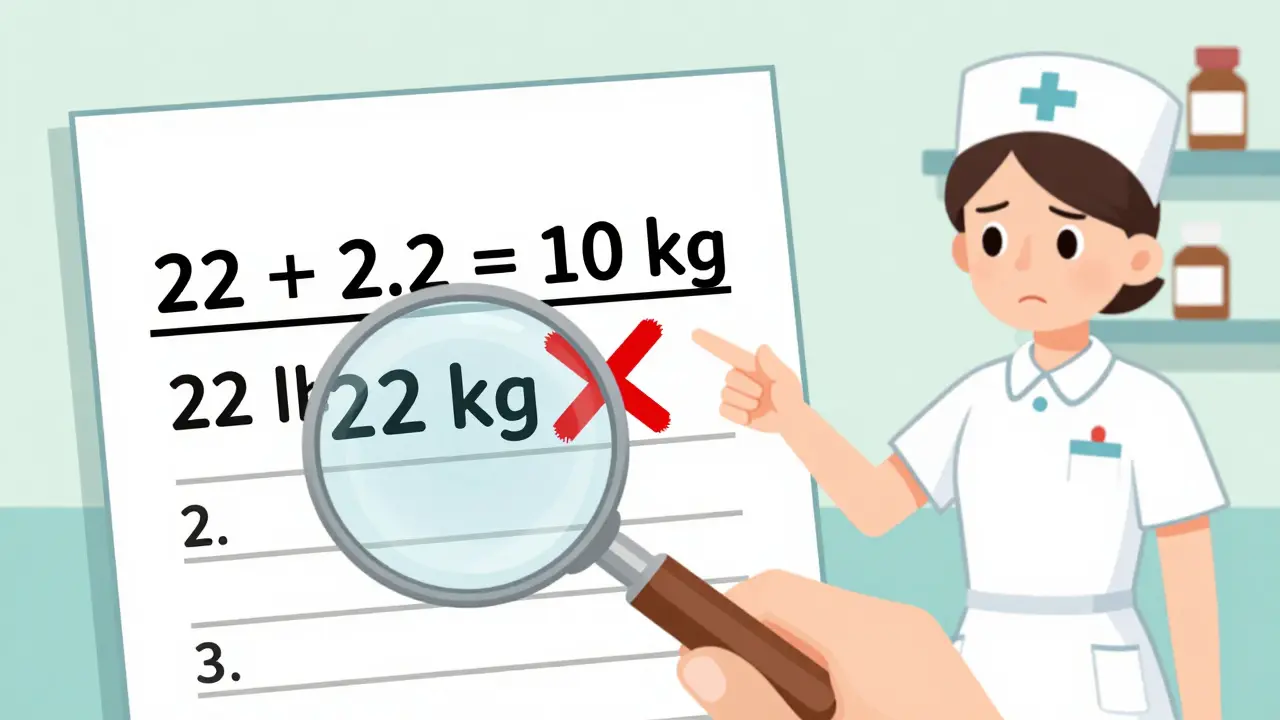 Medical chart with a highlighted error: 22 lb mistaken for 22 kg, corrected with a red X and a magnifying glass.