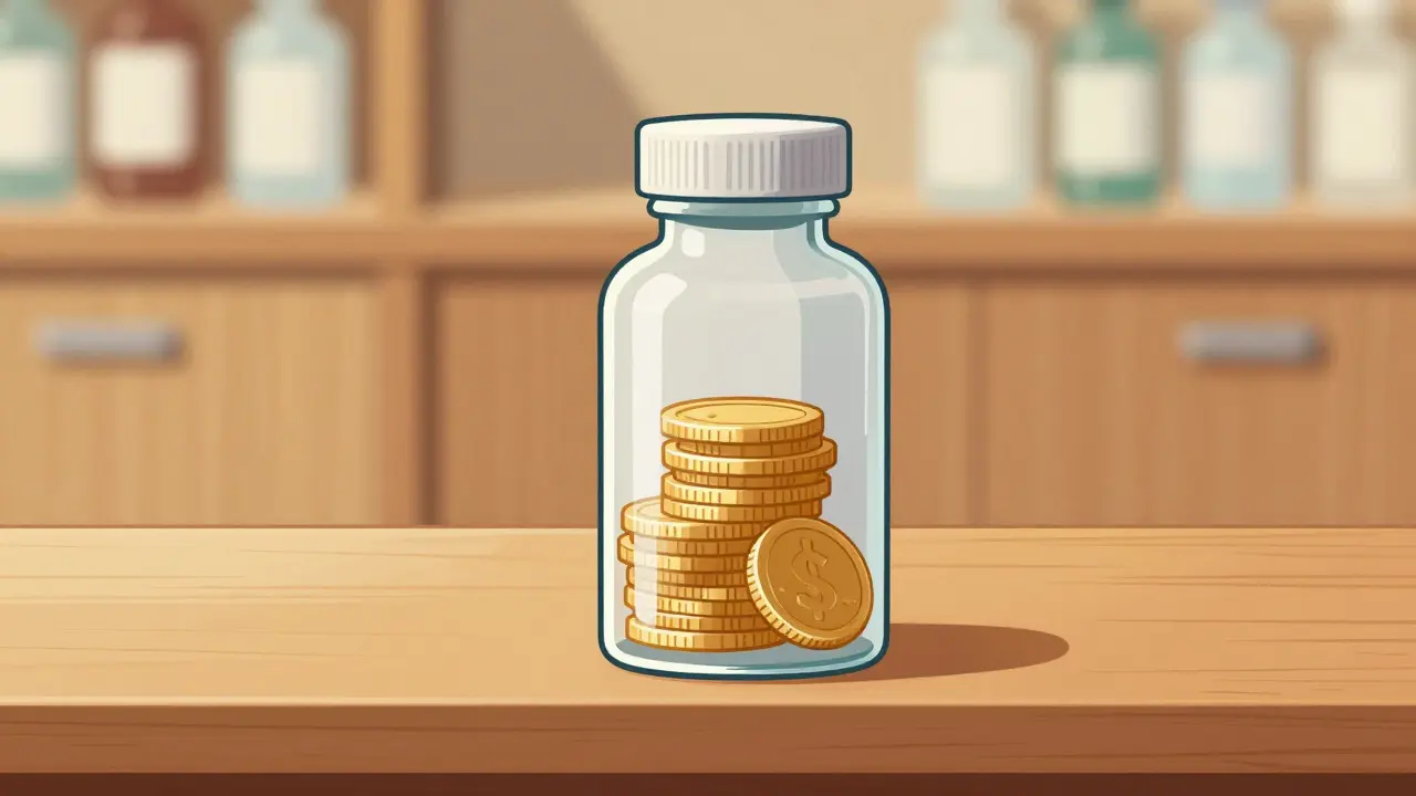 Medicine bottle containing coins with some fading to show hidden value.