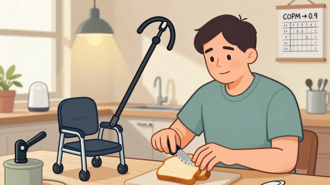 Occupational therapist showing adaptive kitchen tools to patient with rheumatoid arthritis.