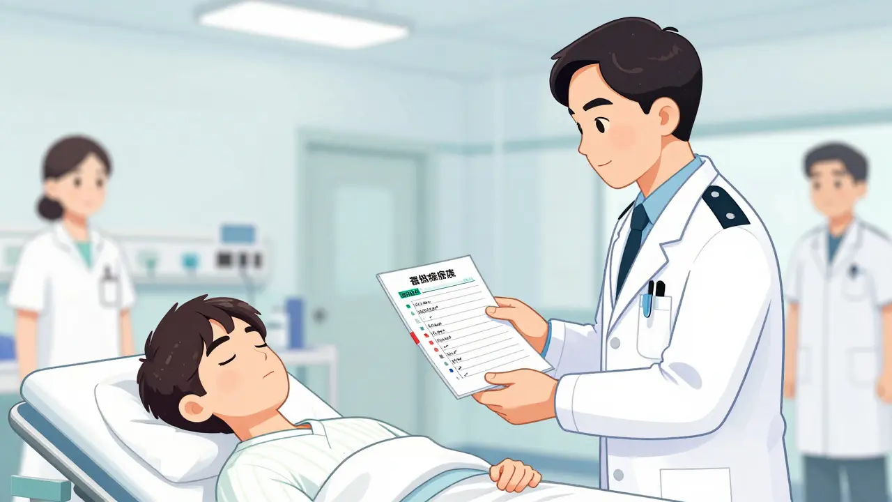 Paramedic handing a printed medication log to a doctor in an emergency room setting.