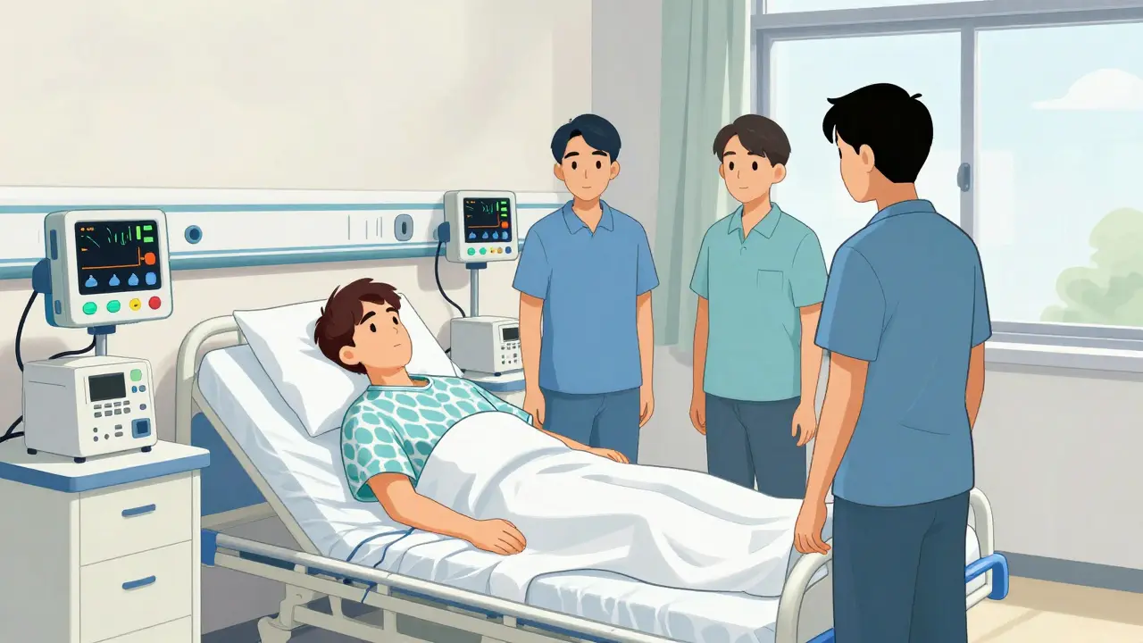 Patient recovering in hospital monitoring area