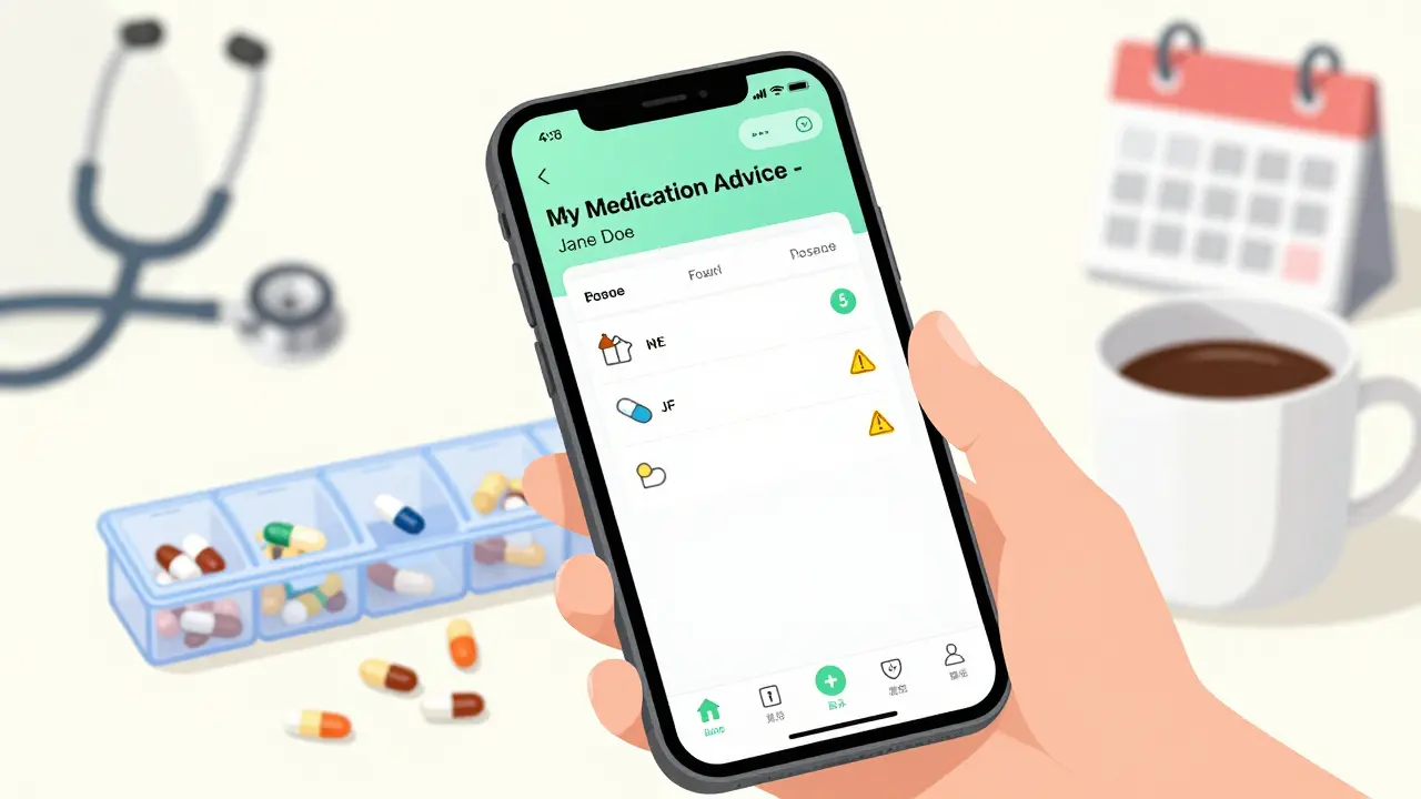 Smartphone screen showing a medication log app with drug names, dosages, and warnings.