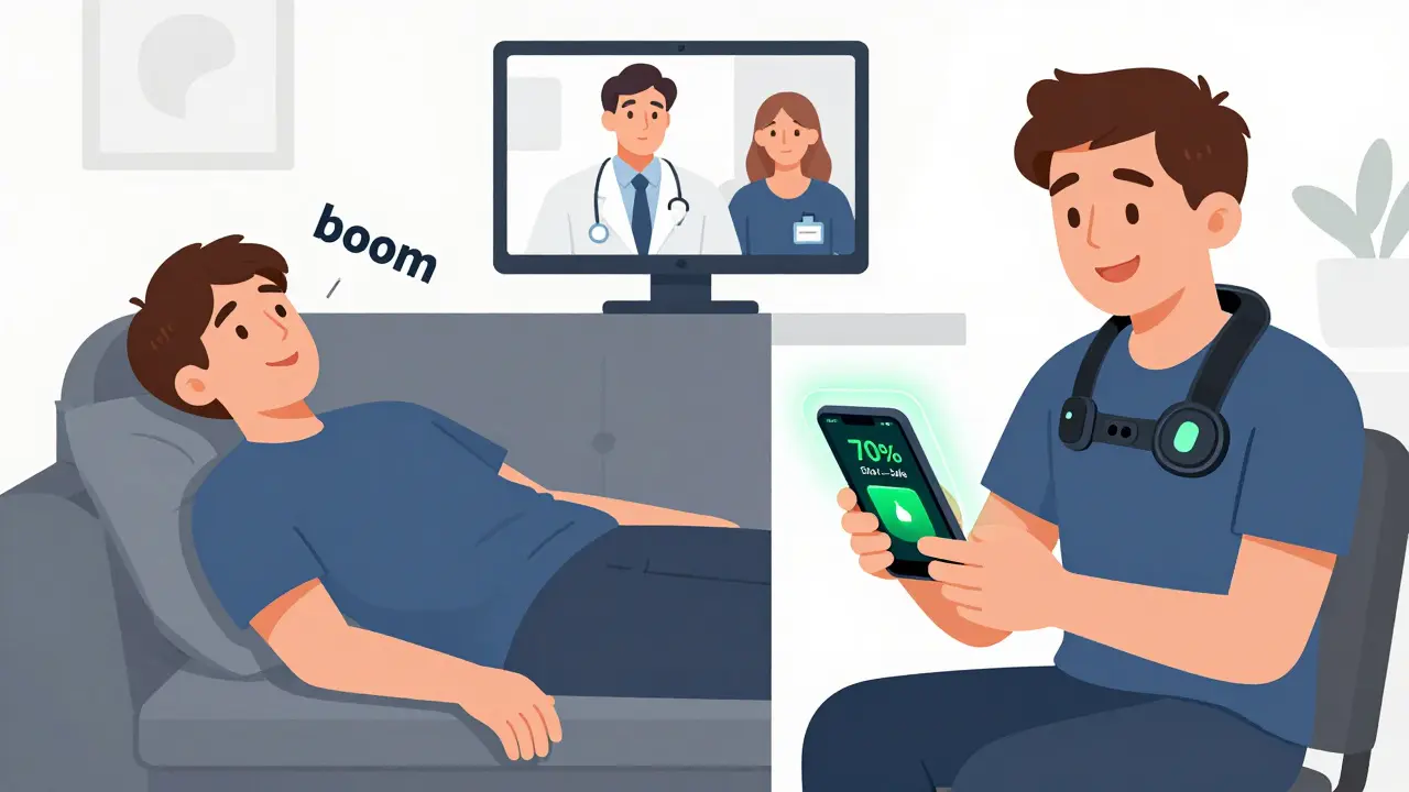 Split scene: patient exhausted after overdoing it vs. using wearable tech to stay within safe effort limits.