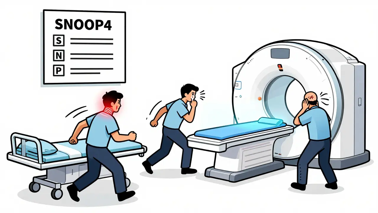 Three patients with neurological red flags being rushed toward an MRI machine in an emergency bay, with SNOOP4 icons above.