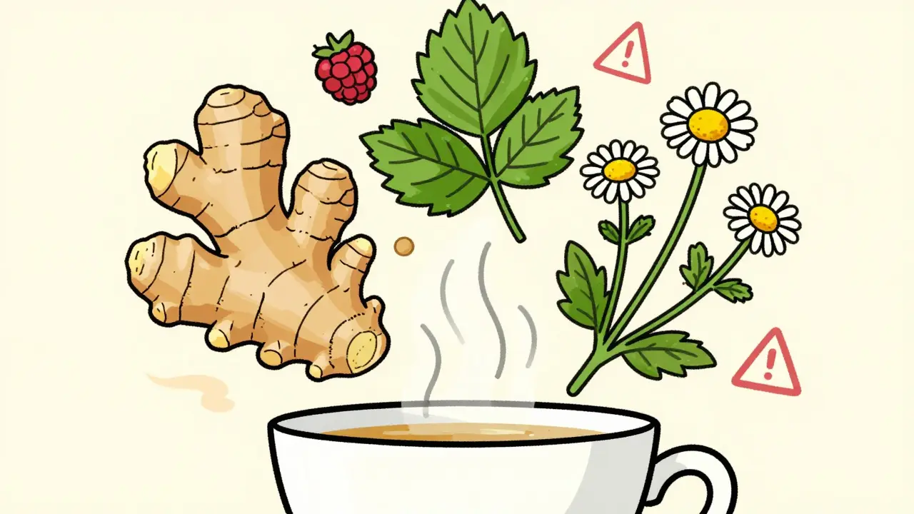 Various herbs and tea cup with caution symbols in illustrated style.