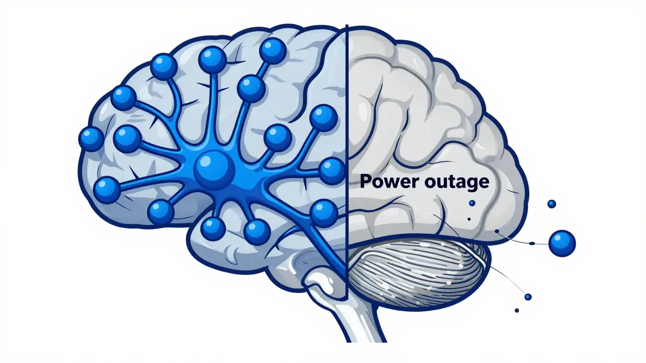 A conceptual illustration showing the difference between healthy and dopamine-depleted brain pathways.