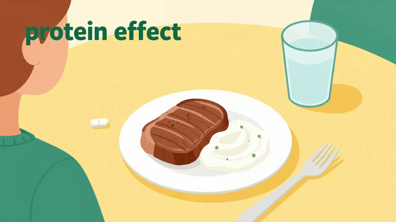 A person at a dining table with a high-protein meal and medication placed separately.