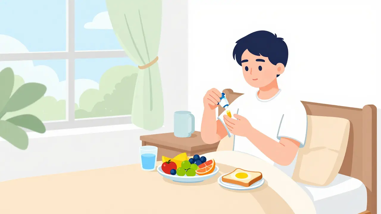 A person taking medication before breakfast in a bright, clean bedroom.