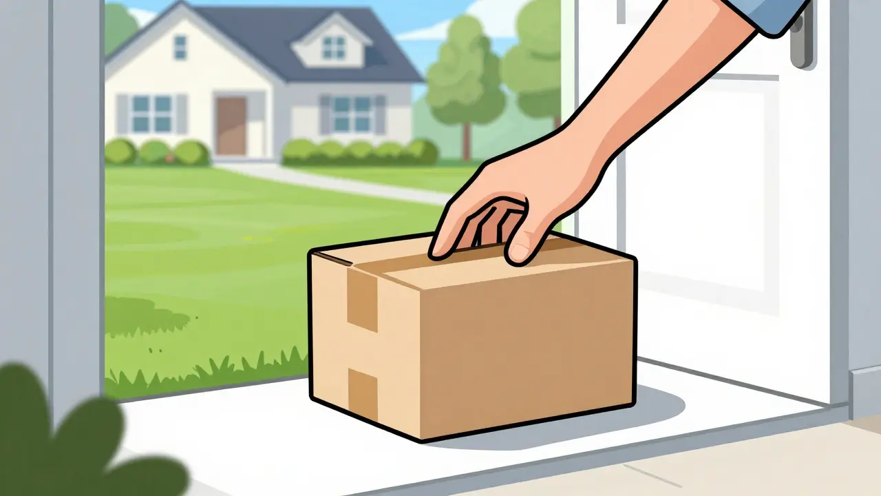 A secure pharmacy package being delivered to a sunny suburban doorstep.